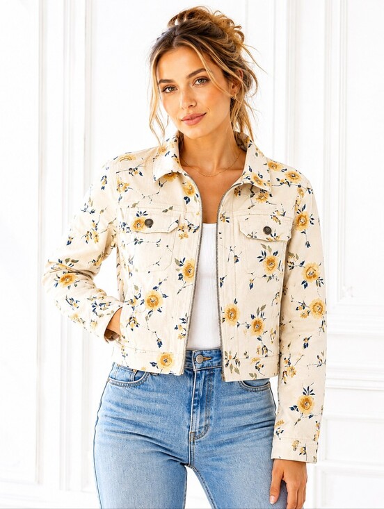 Sonoma Jackets & Blazers - Sonoma Floral Denim Jacket Women’s Medium Cream Cottagecore Zip Front